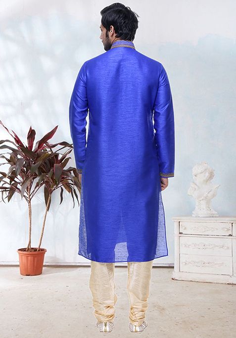 Blue Embroidered Silk Kurta Set For Men