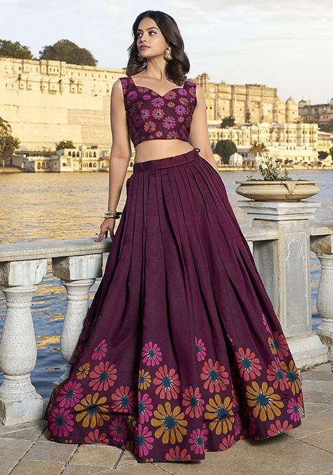 Wine Foil Work Tussar Silk Lehenga Set