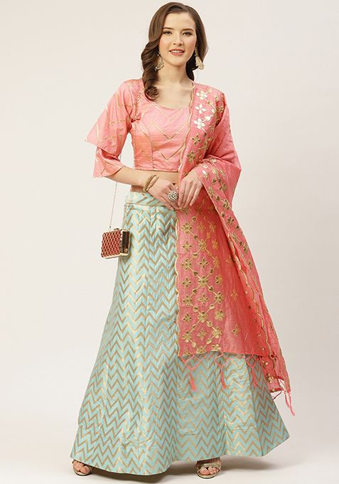 Sea Green Woven Zari Silk Blend Lehenga Set
