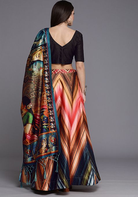Black Printed Satin Silk Lehenga Set