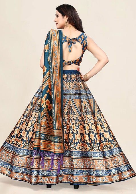 Teal Printed Silk Satin Lehenga Set