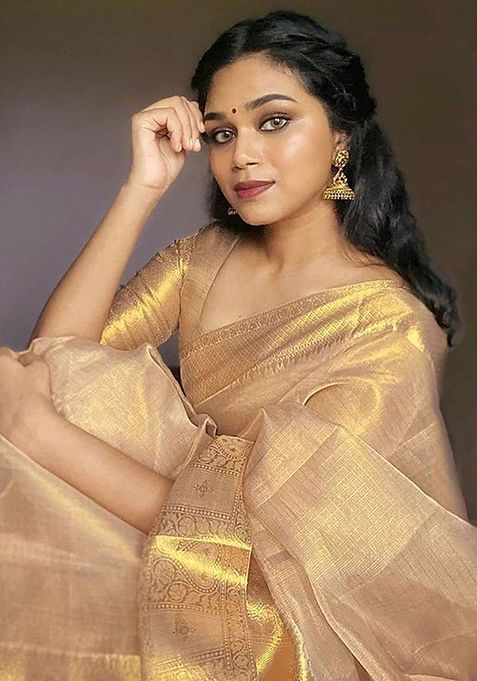Beige Woven Tissue Saree Set