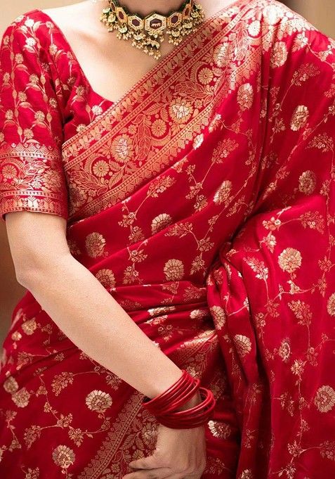 Red Woven Silk Saree Set