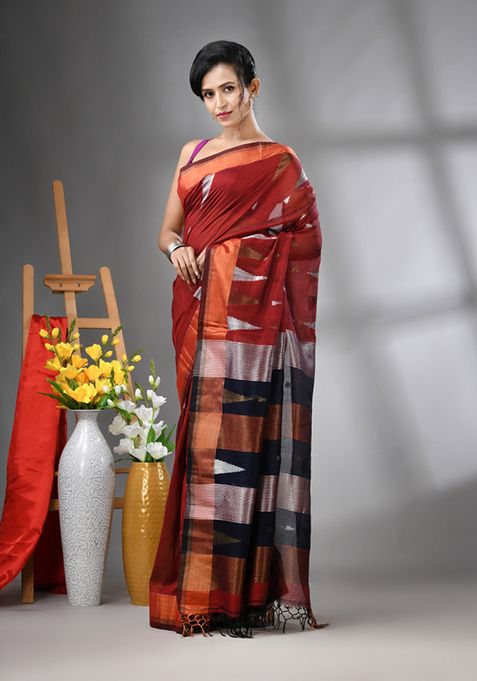 Dark Red Zari Work Cotton Saree Set