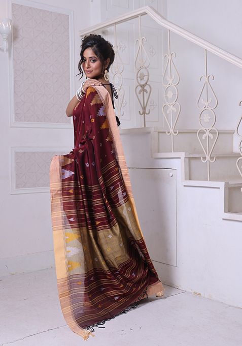 Brown Embroidered Cotton Saree Set