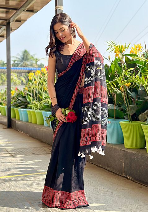 Black Printed Cotton Saree