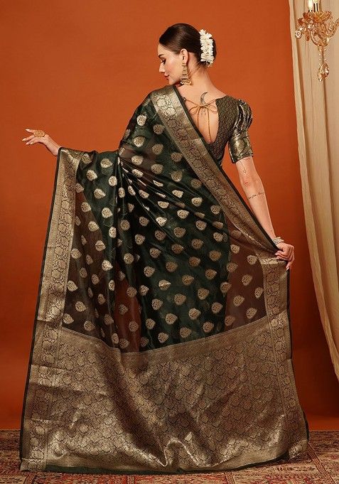 Green Woven Silk Saree Set