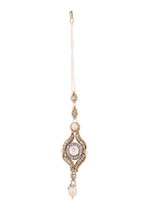 Off White Gold Plated Artificial Stone And Bead Necklace Set With Maang Tikka