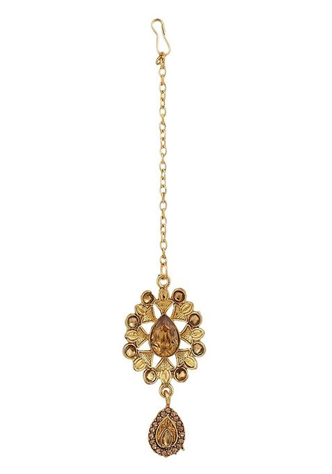 Gold Plated Cubic Zirconia Necklace Set With Maang Tikka