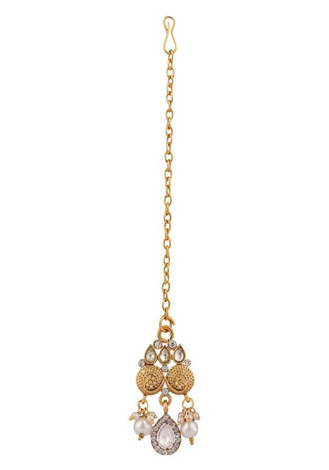 Gold Plated Artificial Stone And Bead Necklace Set With Maang Tikka