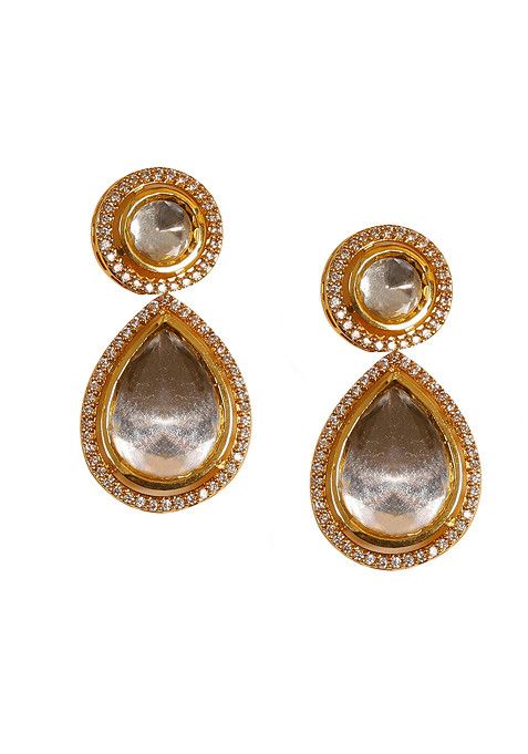 White Gold Tone Uncut Kundan Polki Drop Earrings