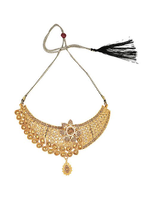 Gold Plated Artificial Stone And Bead Necklace Set With Maang Tikka