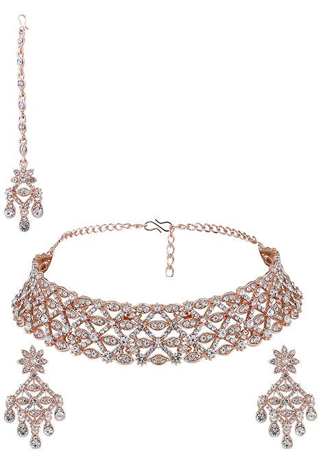 Rose Gold Rose Gold Plated American Diamond Necklace Set With Maang Tikka