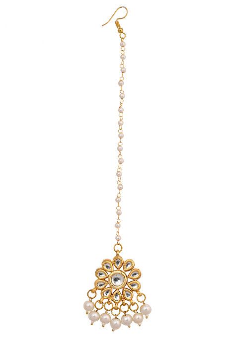 Silver Pearl Bead Kundan Maangtika With Chandbali Earrings