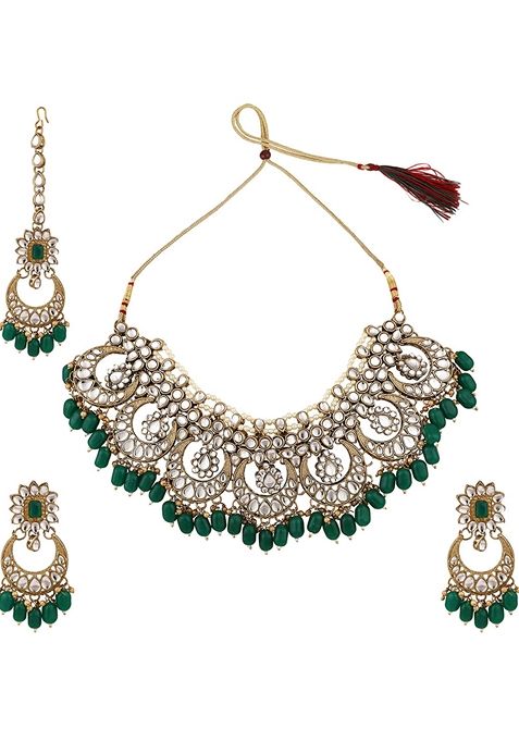 Green Cubic Zirconia Necklace Set With Maang Tikka