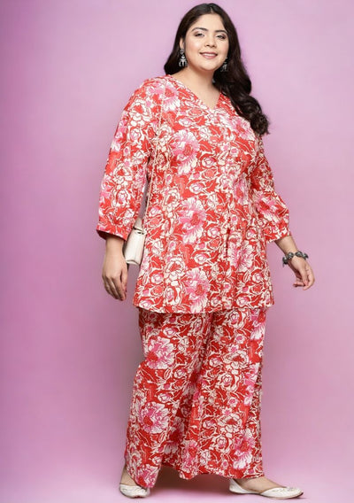 Red Abstract Print Cotton Short Kurtra