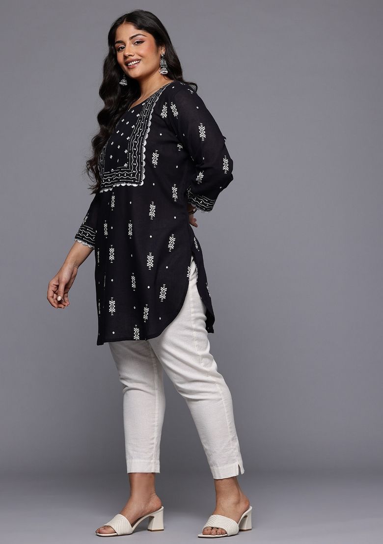 Black Abstract Print Cotton Short Kurtra
