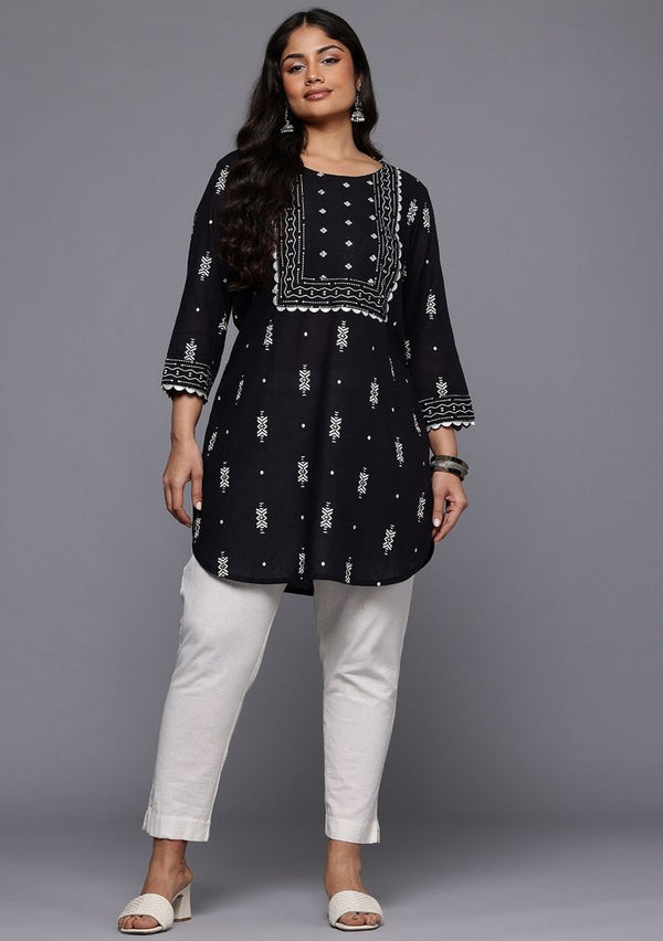 Black Abstract Print Cotton Short Kurtra